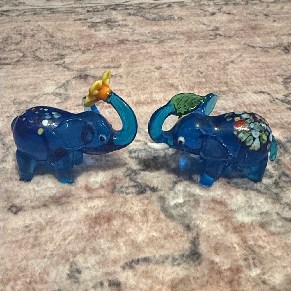 Blue Glass Elephant Figurines with Floral Accents - Picture 13 of 14